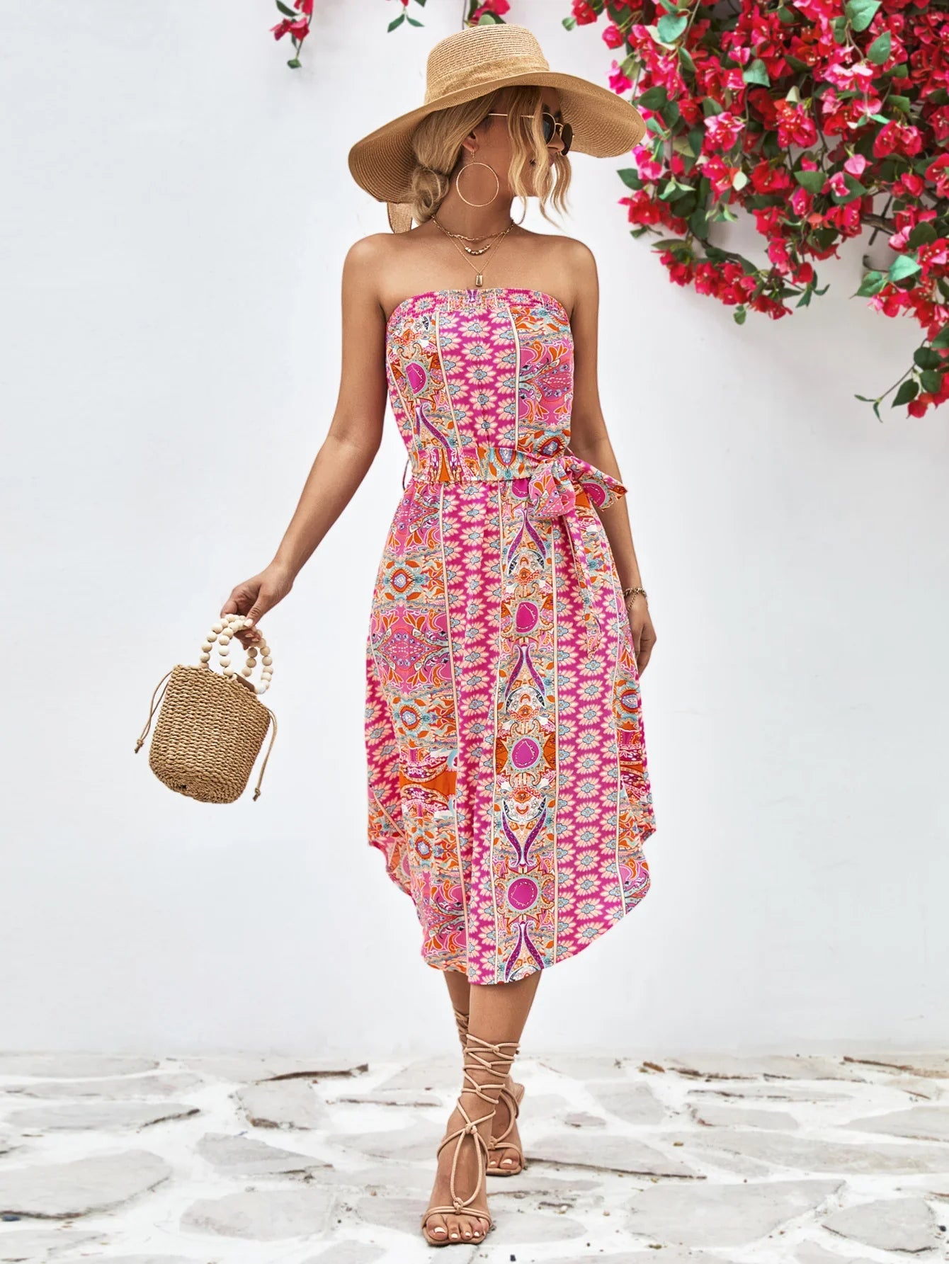 Printed Strapless Tie Belt Dress - Southern Shores Clothing