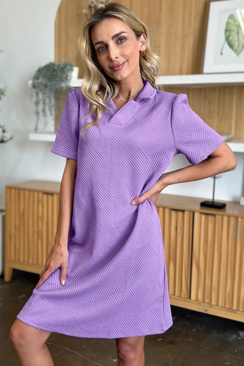 Textured Collared Neck Short Sleeve Dress - Southern Shores Clothing