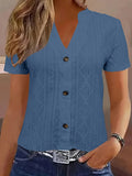 Textured Notched Short Sleeve Ribbed Buttoned Blouse - Southern Shores Clothing