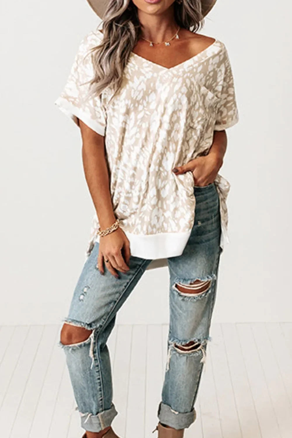 Leopard Print V-Neck Side Slit Loose Fit T Shirt - Southern Shores Clothing
