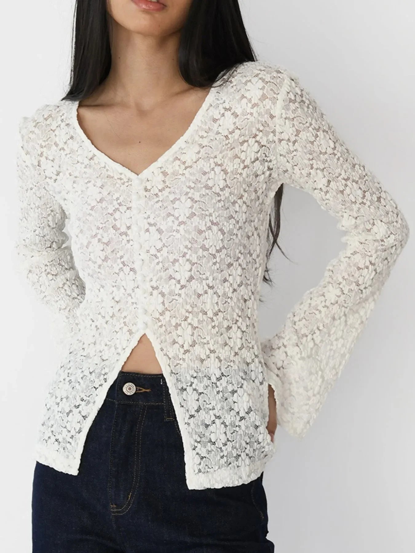 Lace V-Neck Flare Sleeve Buttoned Slit T Shirt - Southern Shores Clothing