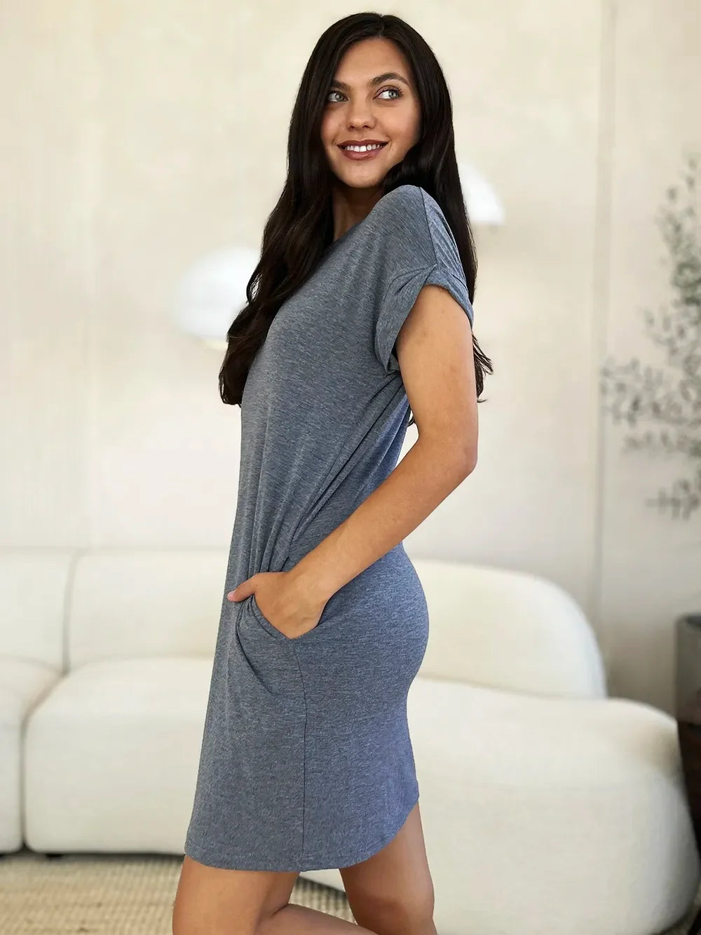 Round Neck Short Sleeve Dress With Pockets - Southern Shores Clothing