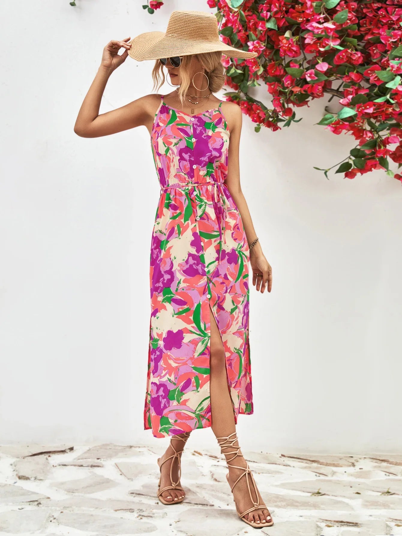 Printed Spaghetti Strap Front Slit Dress - Southern Shores Clothing