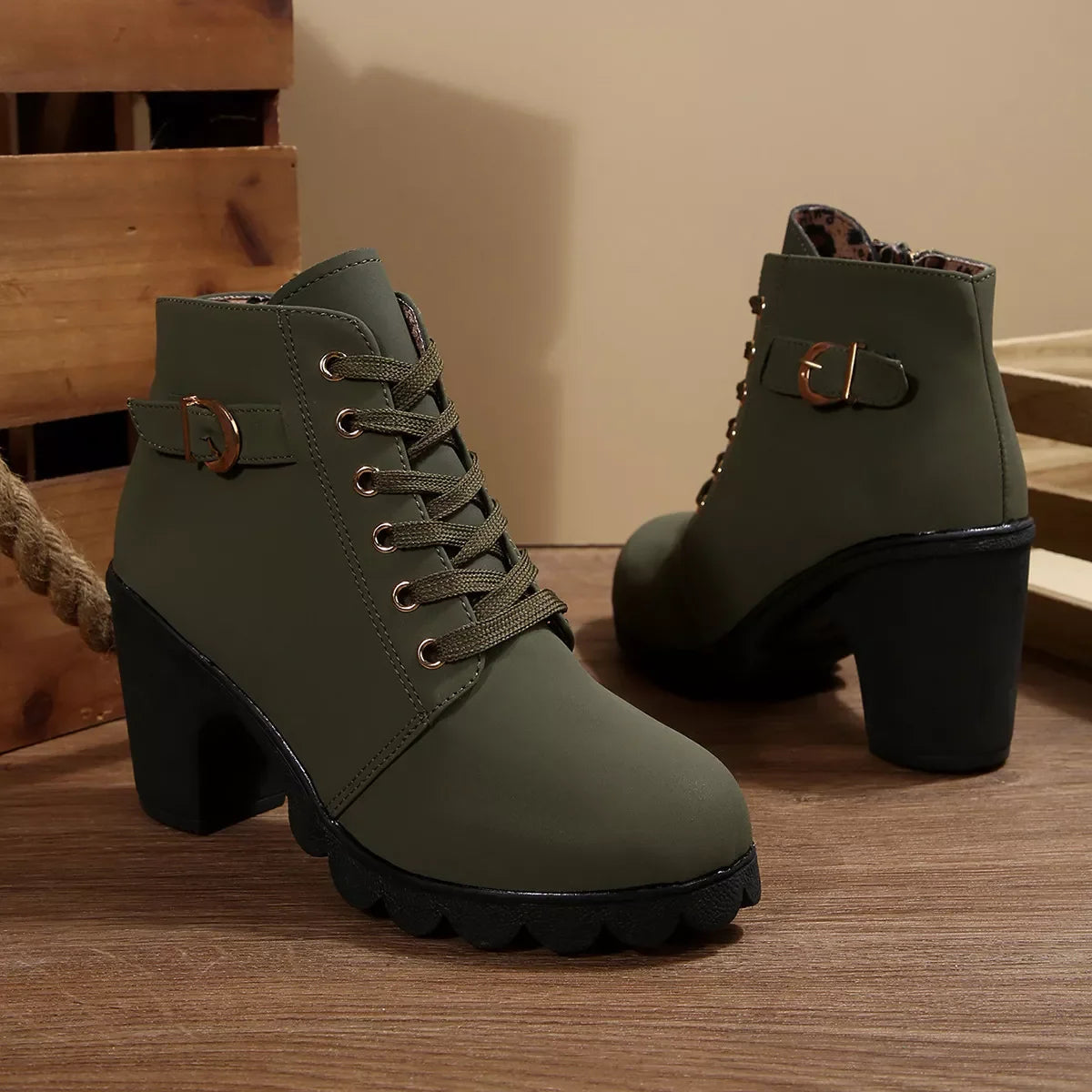 Lace Up Buckle Chunky Heel Ankle Boots Suede Rubber