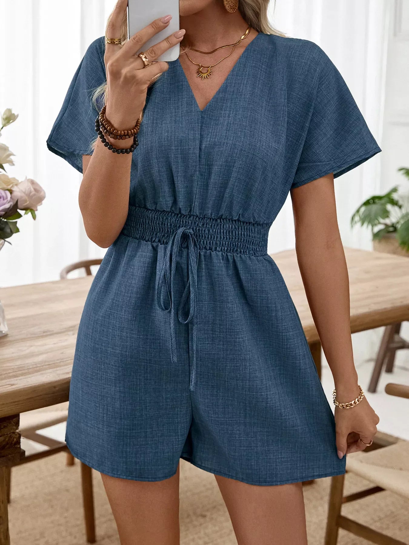 V-Neck Smocked Drawstring Elastic Waist Romper - Southern Shores Clothing