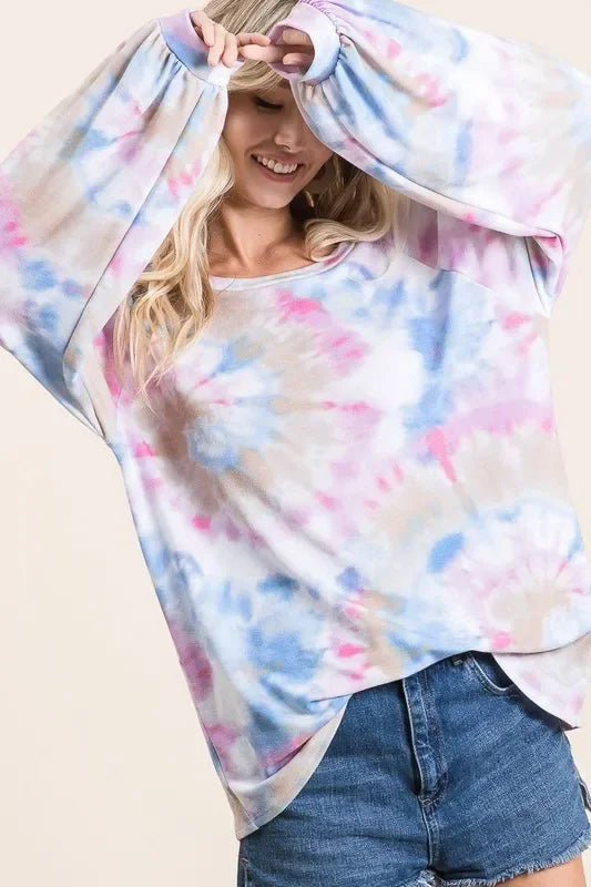 Tie Dye Print Cotton Terry Top With Puff Sleeves - Southern Shores Clothing