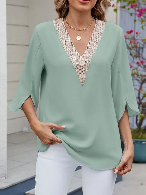 V-Neck Three Quarter Sleeve Lace Blouse Rayon Blend Fabric - Southern Shores Clothing