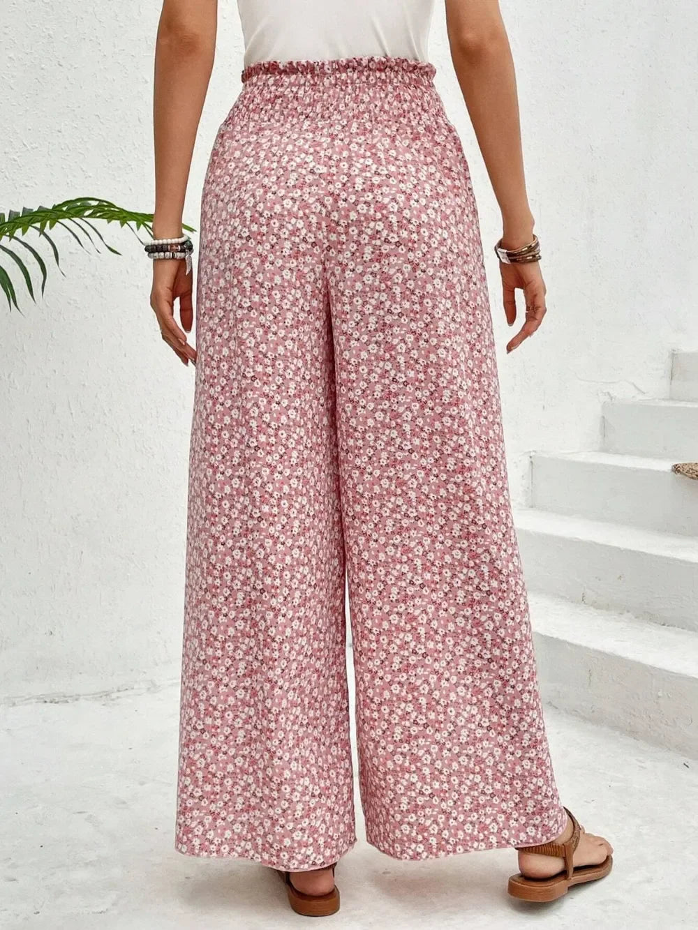 Floral Print Tie-Waist Wide Leg Pants With Front Slit Detail - Southern Shores Clothing