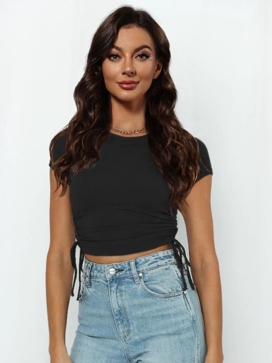 Stretchy Round Neck Short Sleeve Drawstring Tee - Southern Shores Clothing