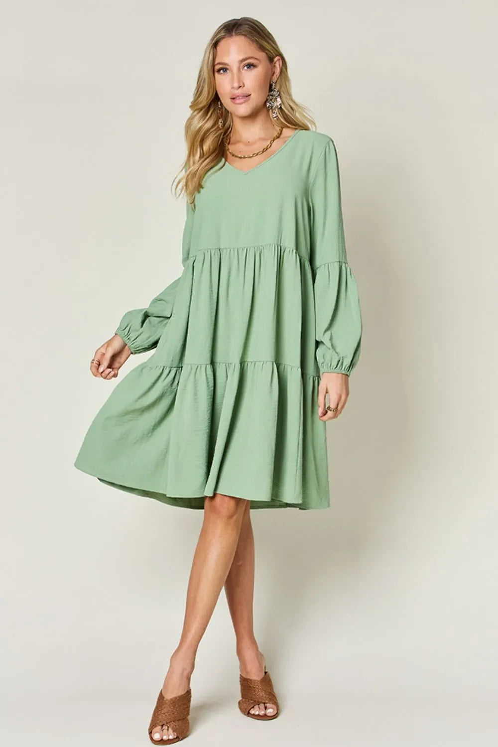 V Neck Balloon Sleeve Tiered Dress With Pockets