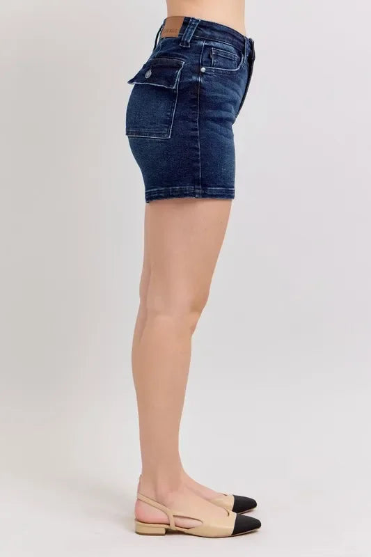 High Waist Denim Shorts With Back Flap Pocket Plus Size - Southern Shores Clothing