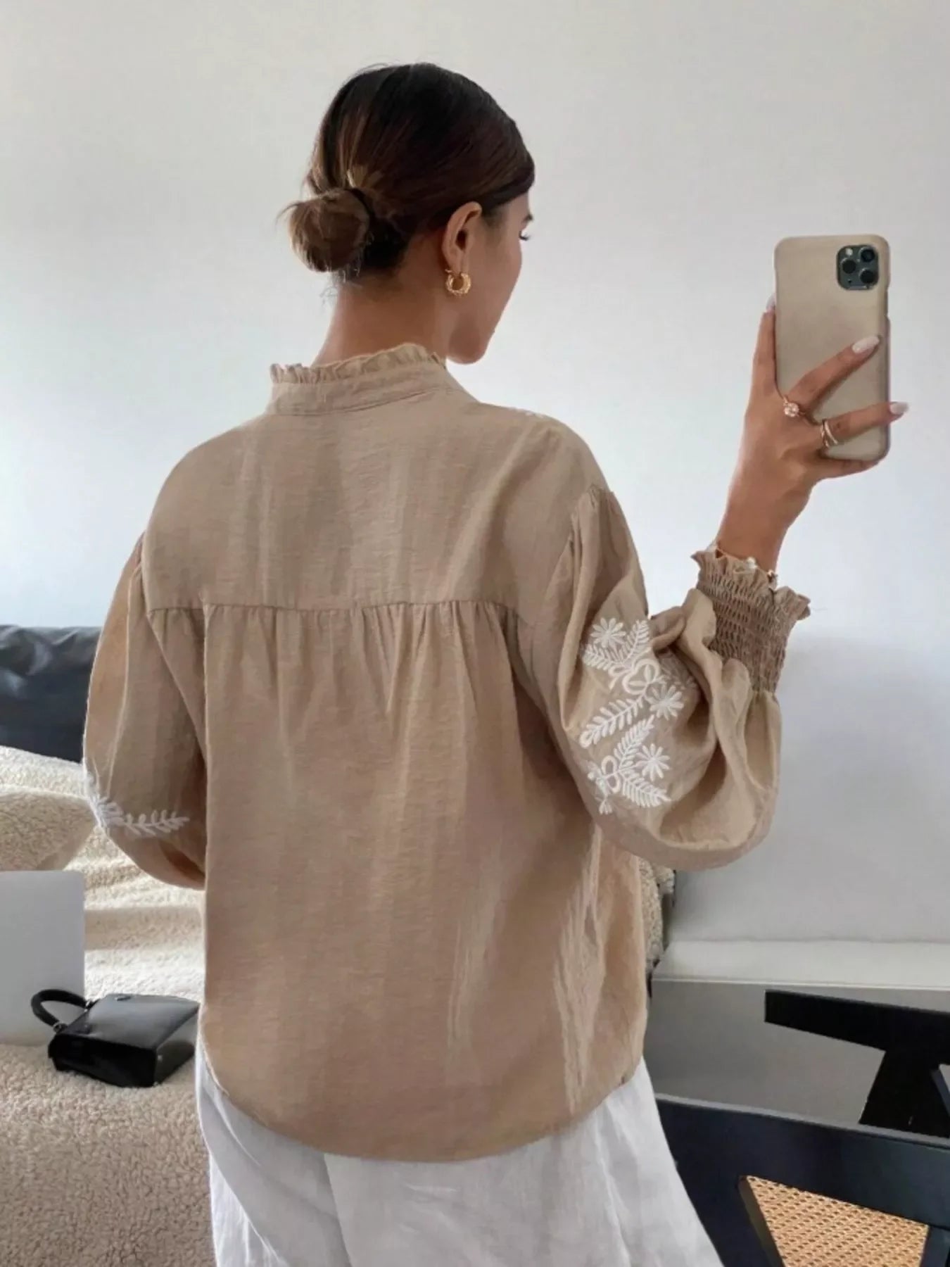 Southern Shores Elegant Embroidered Long Sleeve Buttoned Polyester Blouse With Je T'aime Design - Southern Shores Clothing