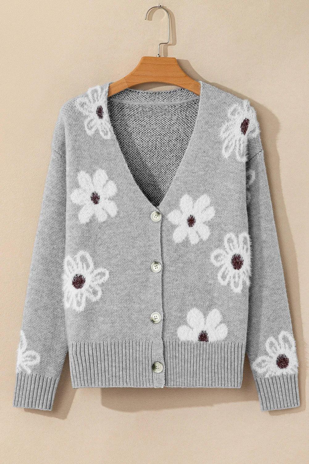 Flower Button Up Knit Cardigan With Long Sleeve - Southern Shores Clothing