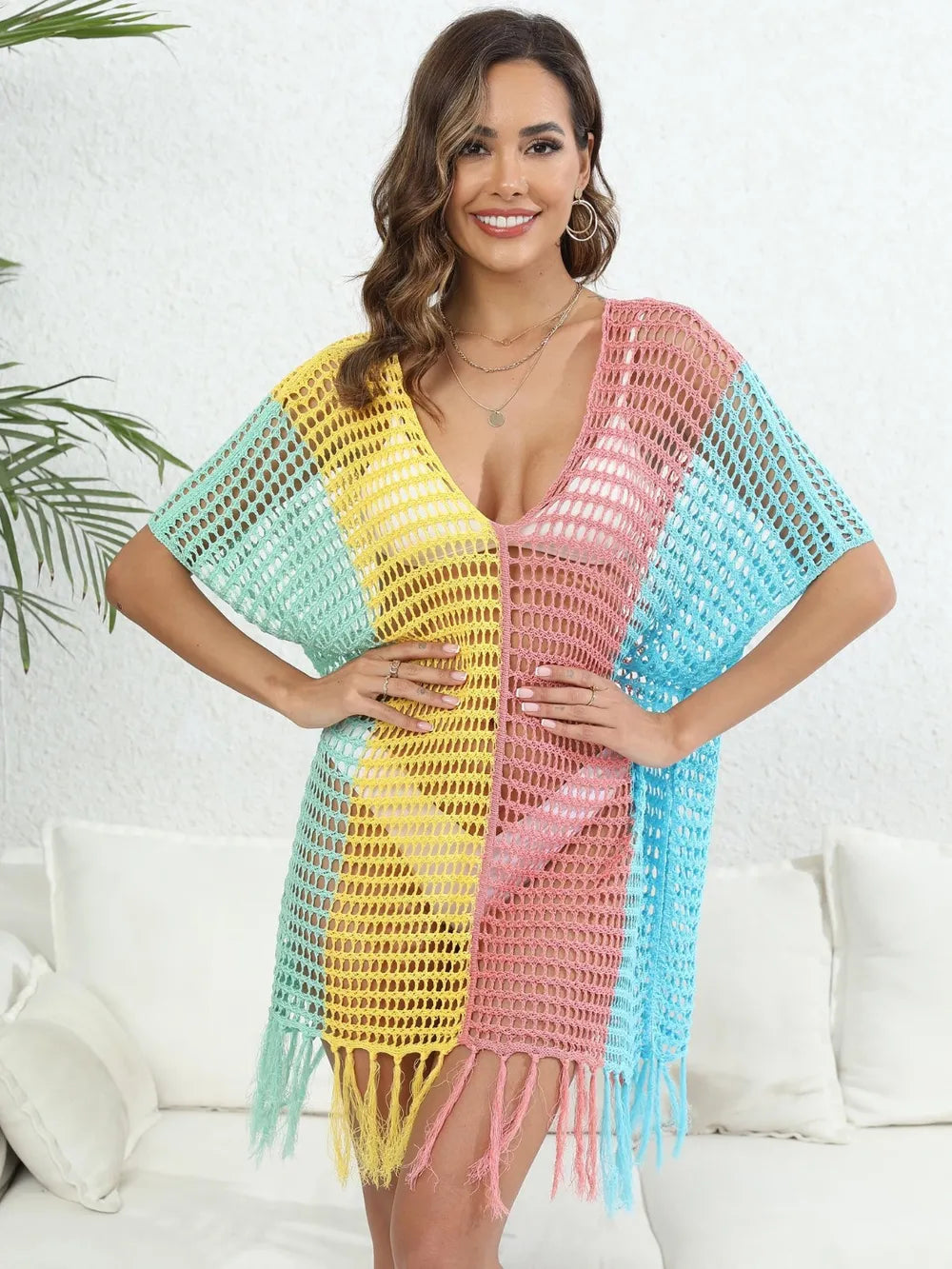 Southern Shores Fringe Color Block Scoop Neck Cover Up