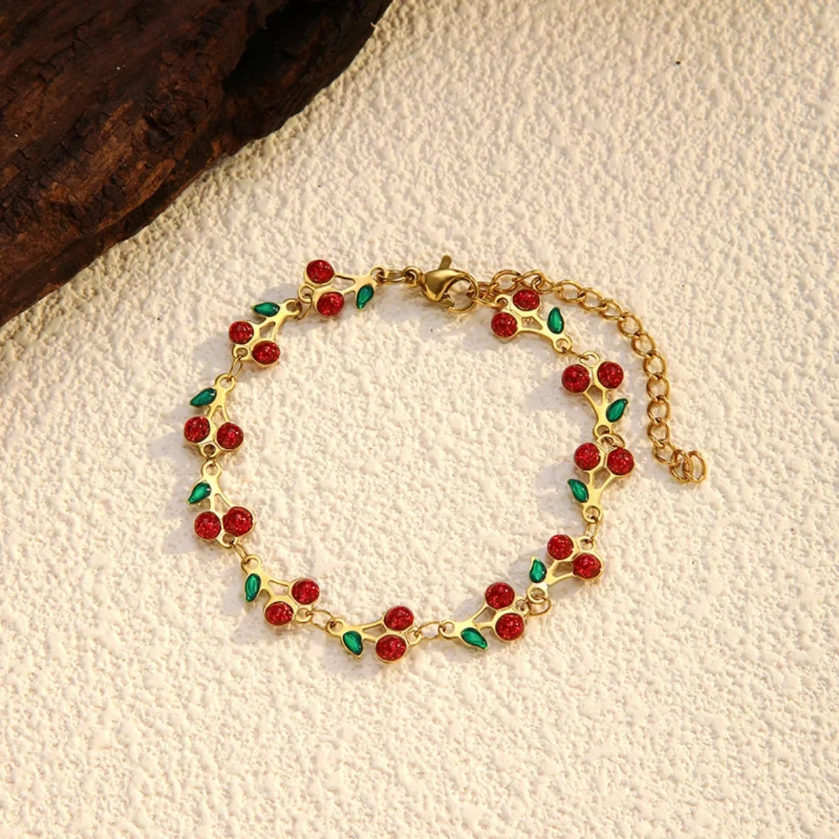 18K Plated Cherry Charm Bracelet With Green Leaves - Southern Shores Clothing