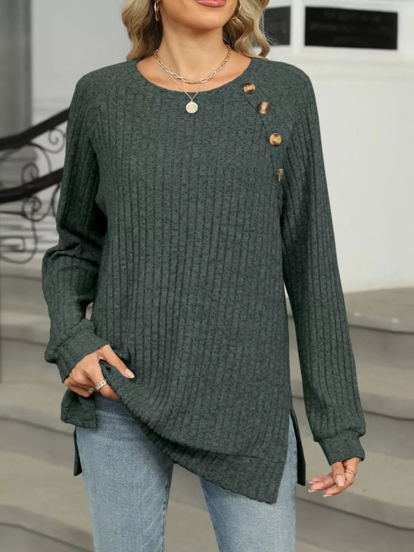 Round Neck Side Slit Ribbed Knit Top with Asymmetric Button Detail - Southern Shores Clothing