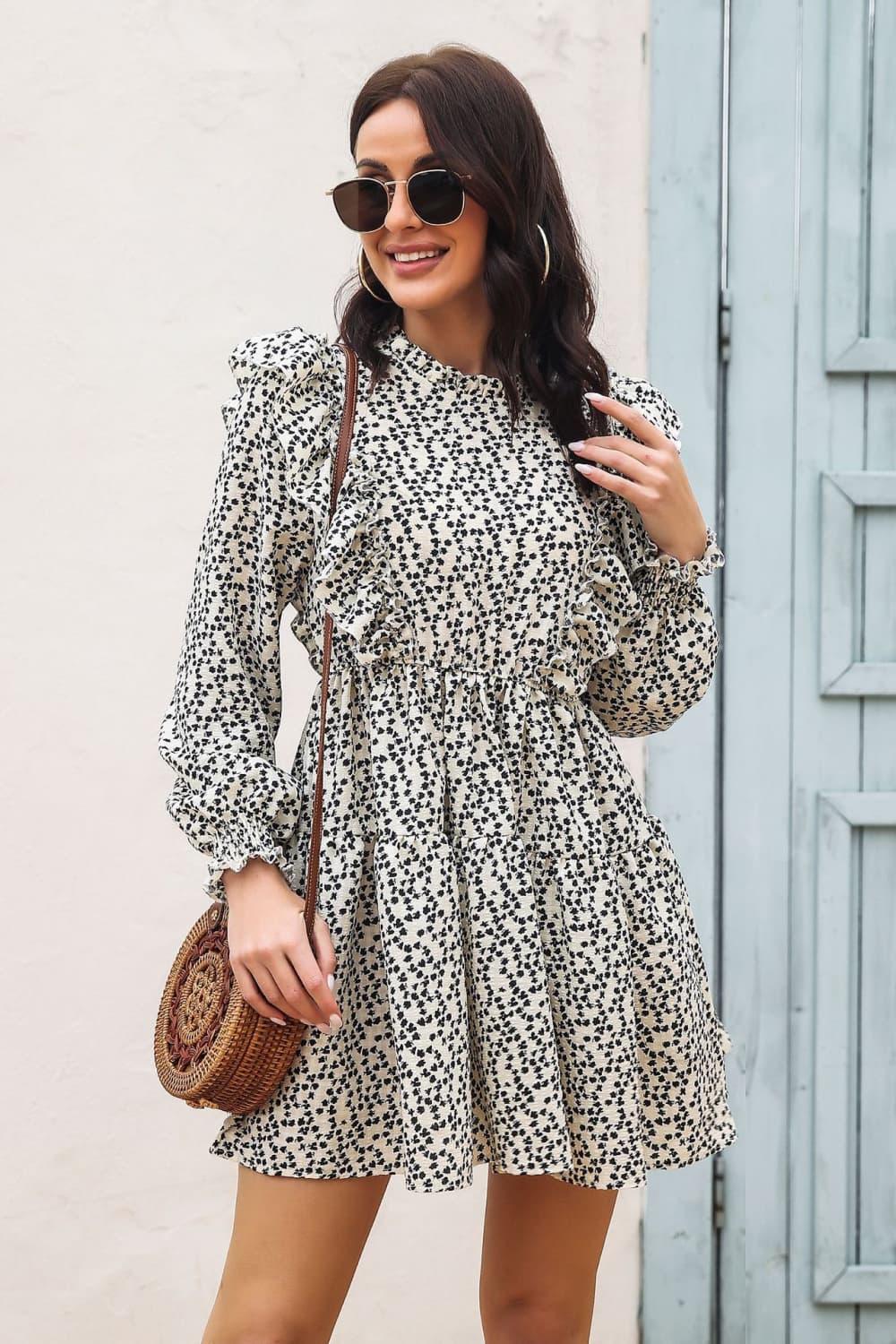 Printed Ruffle Trim Smocked Long Sleeve Mini Dress - Southern Shores Clothing