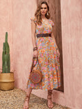 Printed Ruffled V Neck Cap Sleeve Tiered Maxi Dress - Southern Shores Clothing