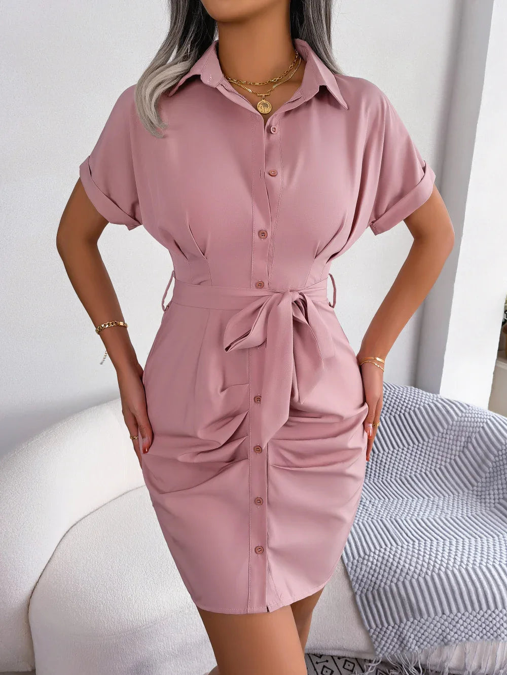 Button Down Ruched Tie Belt Dress For Everyday Wear - Southern Shores Clothing