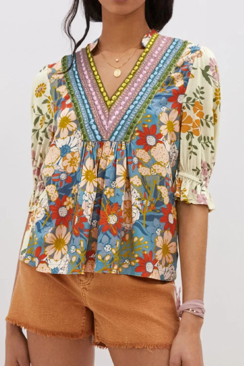 Crochet V Neck Boho Floral Blouse With Half Sleeve Casual - Southern Shores Clothing