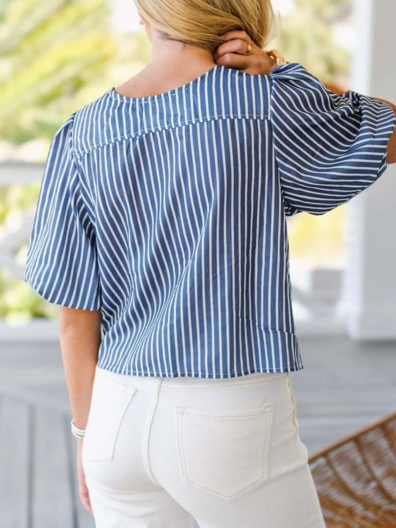 Stretchy Tie Front Puff Sleeve Striped Blouse - Southern Shores Clothing
