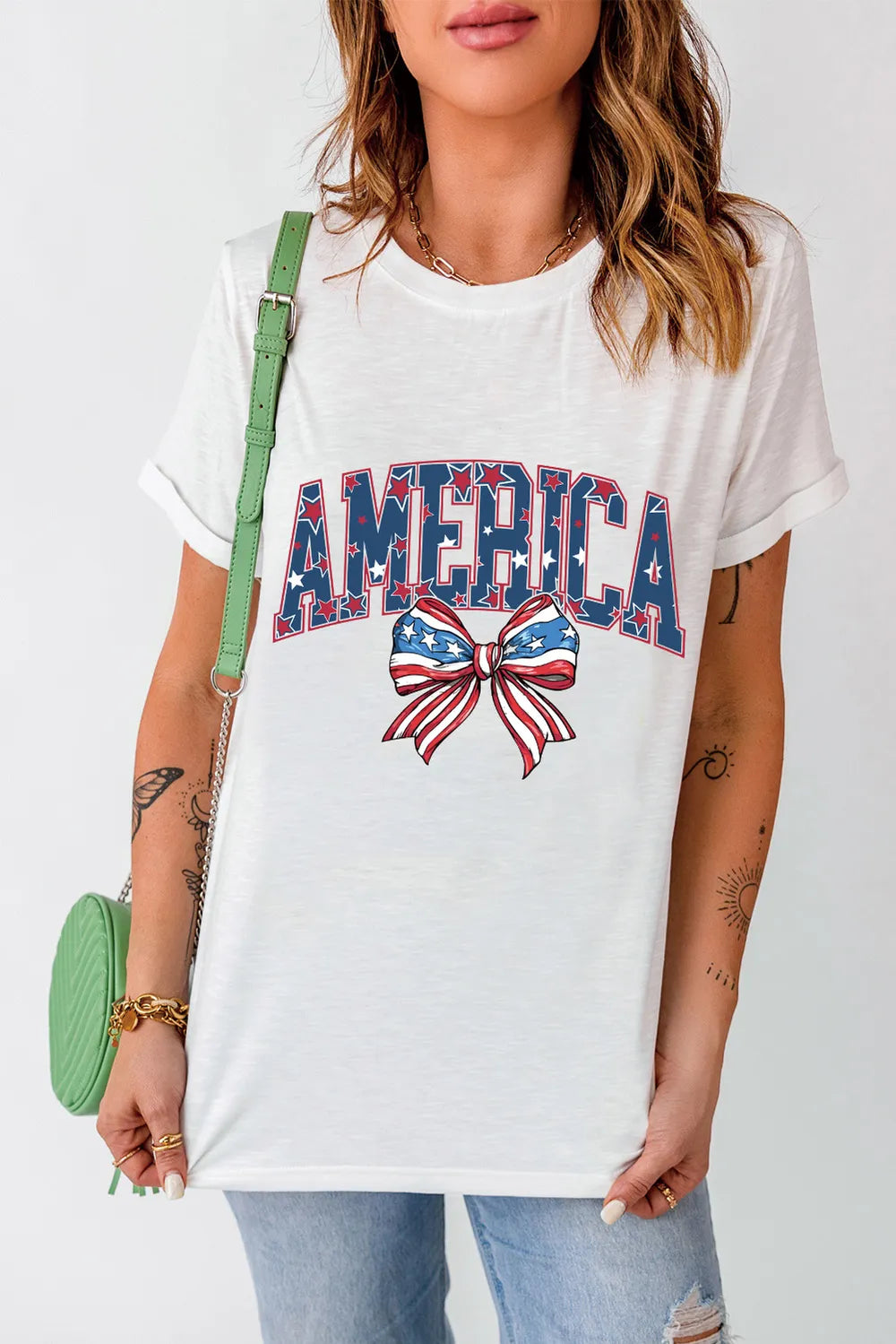 AMERICA Round Neck Short Sleeve Women's T-Shirt with Basic Style