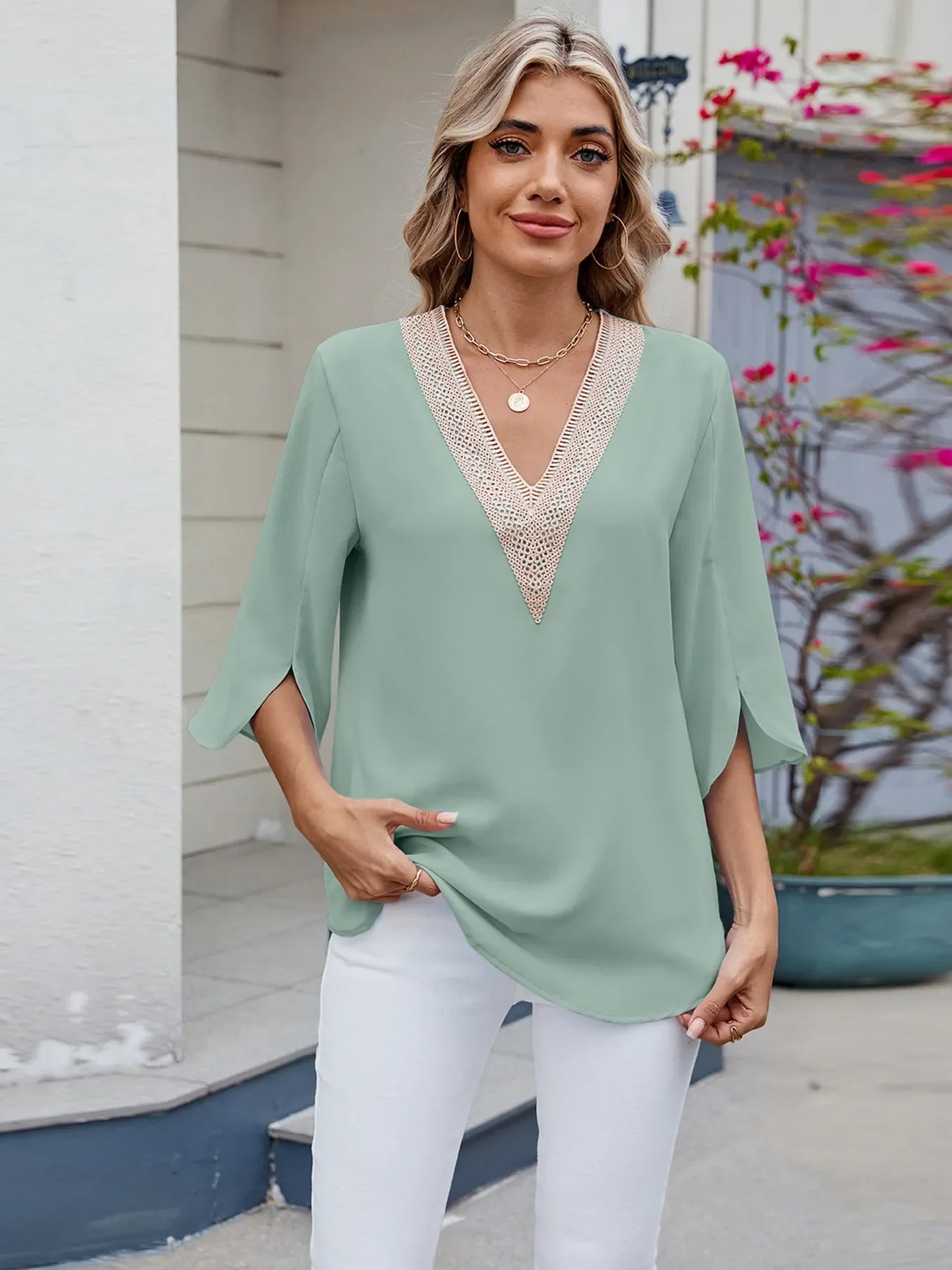 V-Neck Lace Trim Blouse With Rayon Blend And Spade Design - Southern Shores Clothing