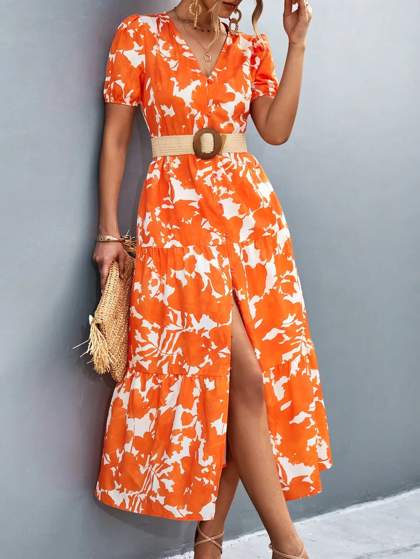 V-Neck Short Sleeve High Slit Midi Dress - Southern Shores Clothing