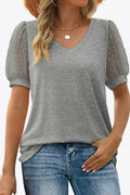Swiss Dot Puff Sleeve V-Neck Tee With Dot Detailing - Southern Shores Clothing
