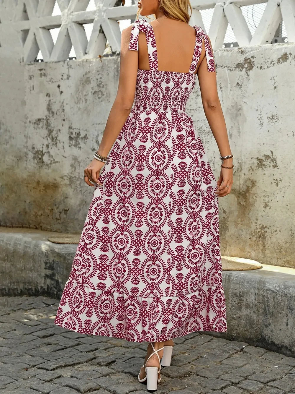 Smocked Slit Maxi Floral Print Tie Shoulder Dress Boho Style - Southern Shores Clothing