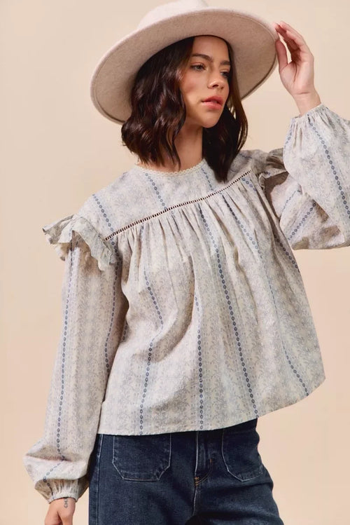 Floral Print Ruffled Long Sleeve Blouse - Southern Shores Clothing