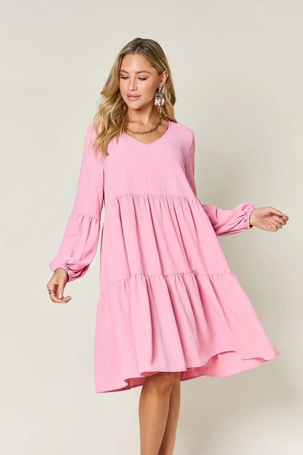 V Neck Balloon Sleeve Tiered Dress With Pockets - Southern Shores Clothing