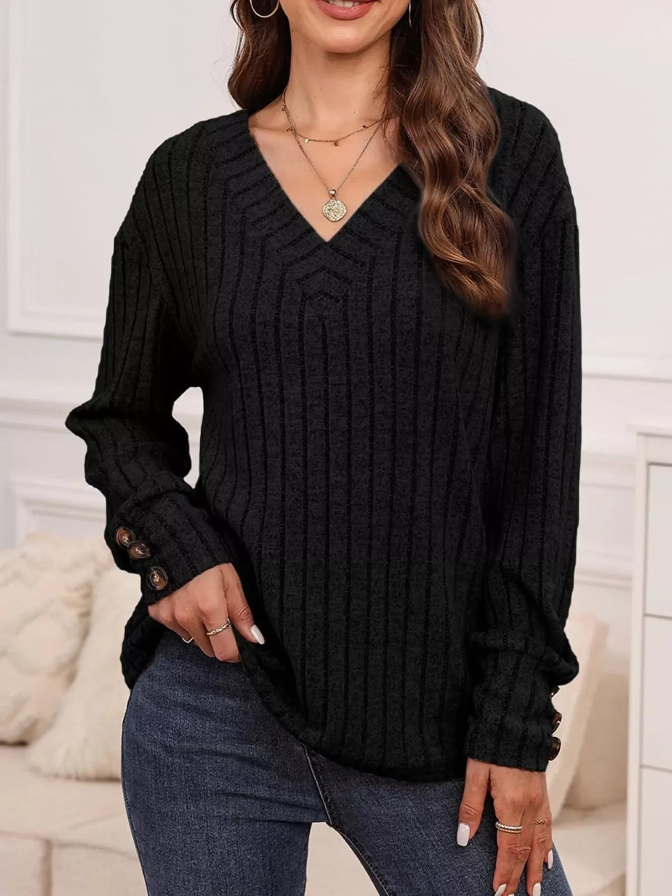 Ribbed V-Neck Long Sleeve Buttoned Stretchy Top - Southern Shores Clothing