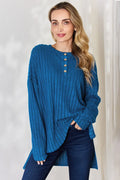 Ribbed Half Button Long Sleeve High Low Hem Slit Tee - Southern Shores Clothing