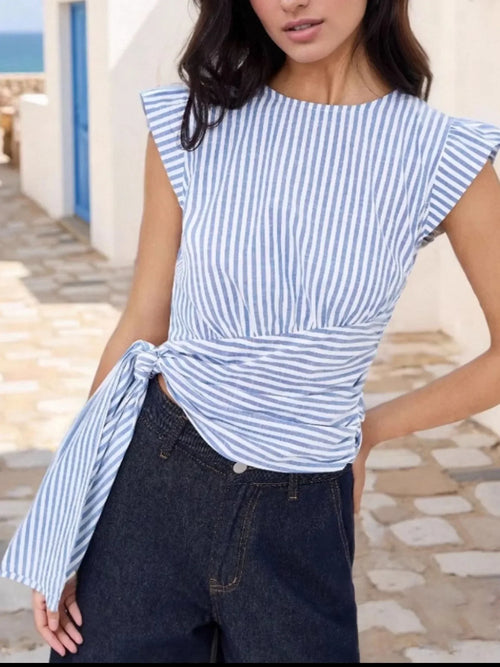 Striped Tied Cap Sleeve Polyester Blouse - Southern Shores Clothing