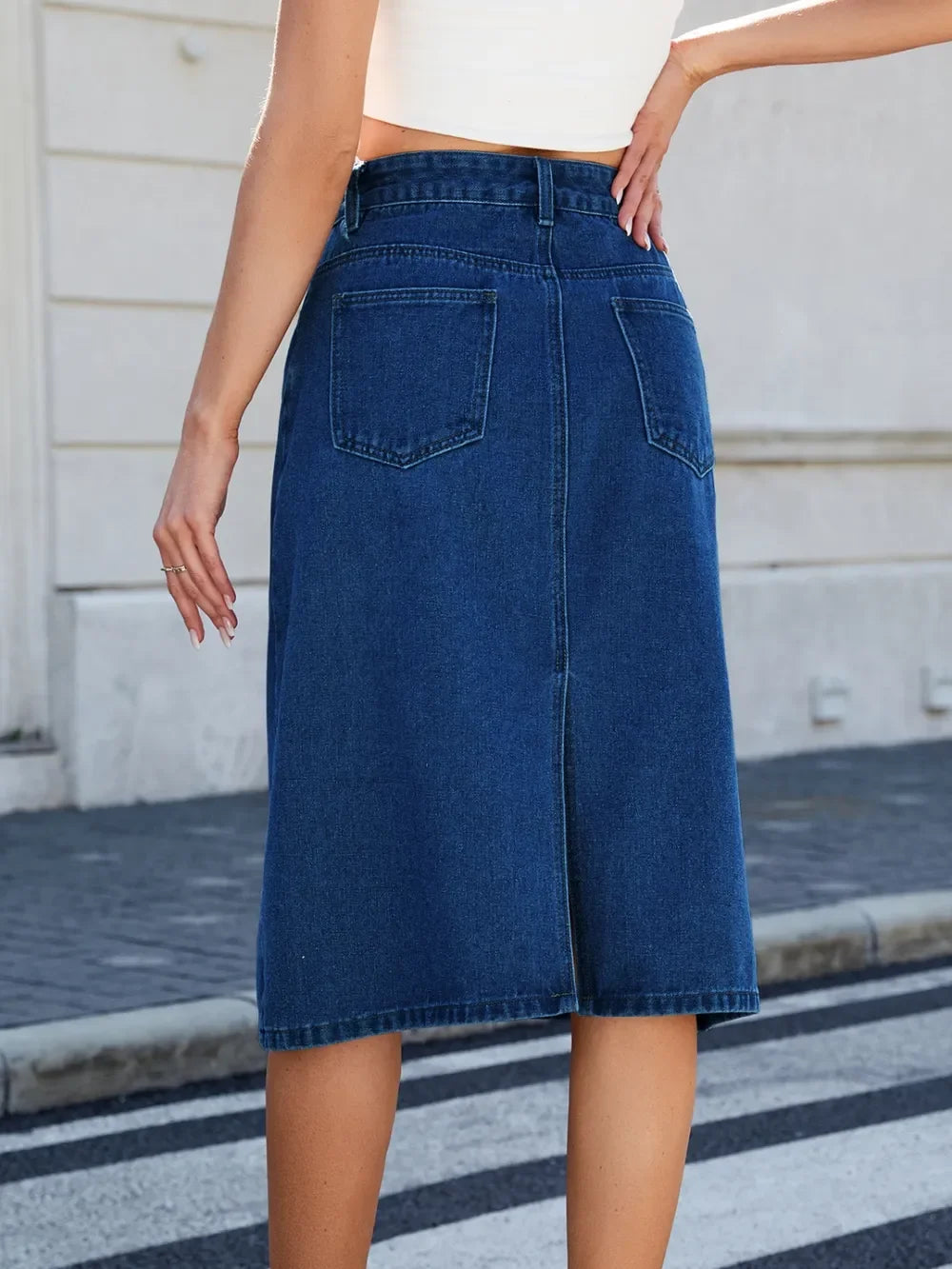 Relaxed Fit Denim Midi Skirt With Slit Back - Southern Shores Clothing