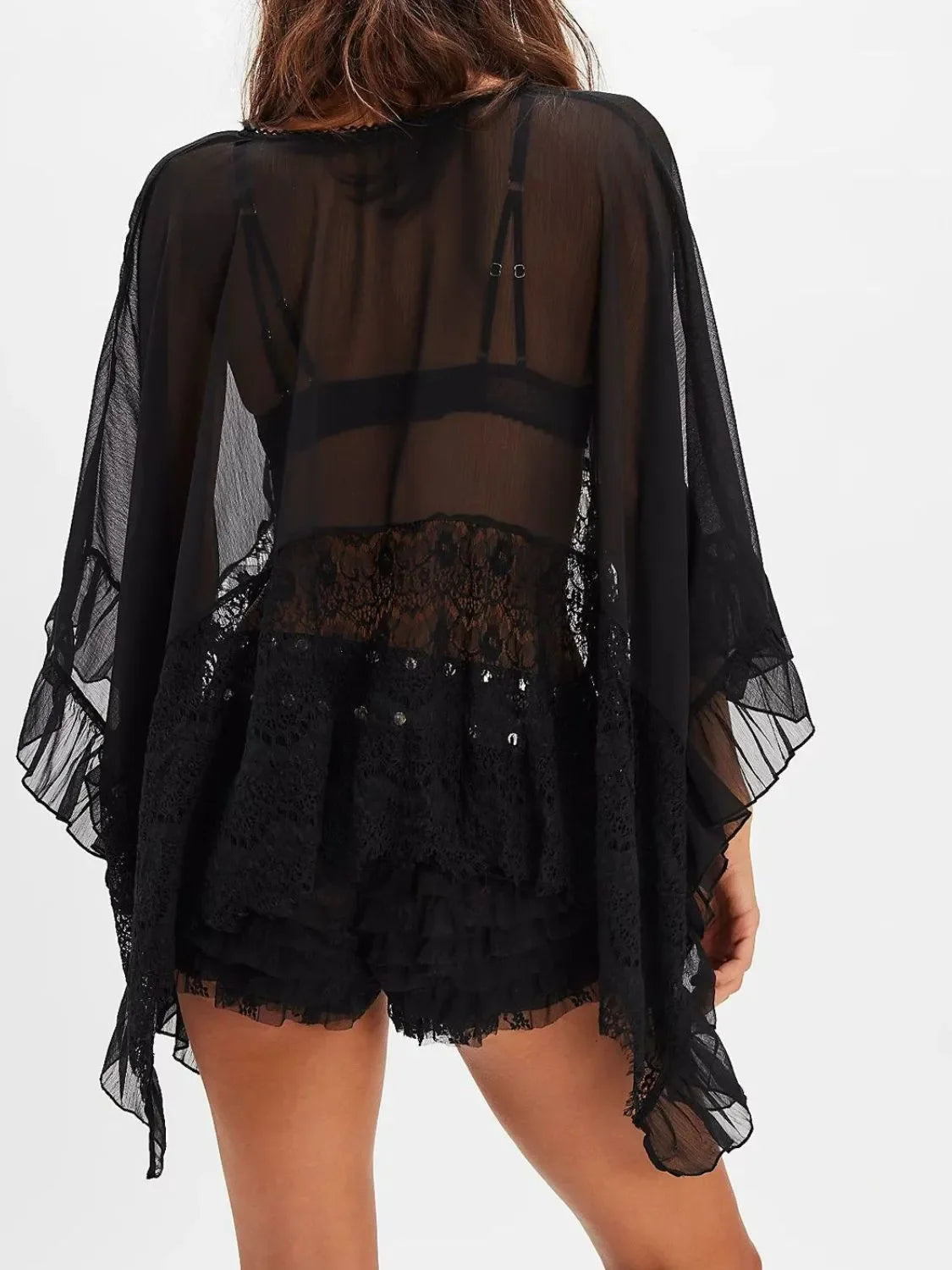Lace V-Neck Ruffle Long Sleeve Beach Cover-Up - Southern Shores Clothing