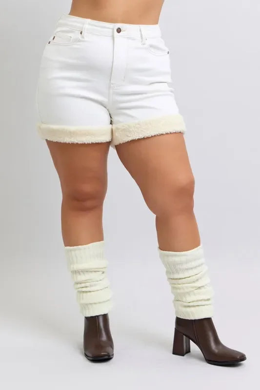 High Waist Shearling Cuff Denim Shorts Plus Size - Southern Shores Clothing