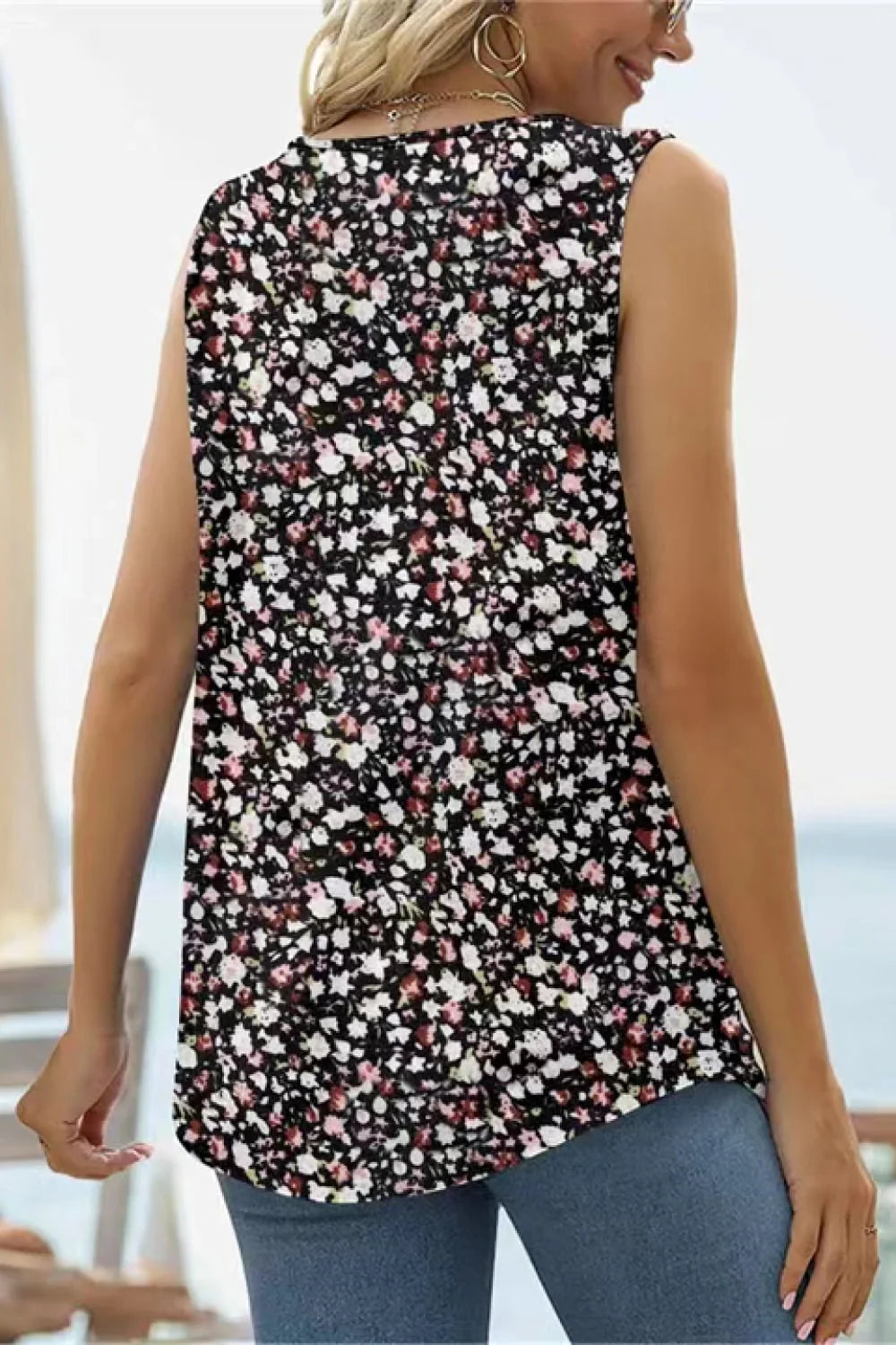 Printed Floral Square Neck Stretch Tank Top - Southern Shores Clothing
