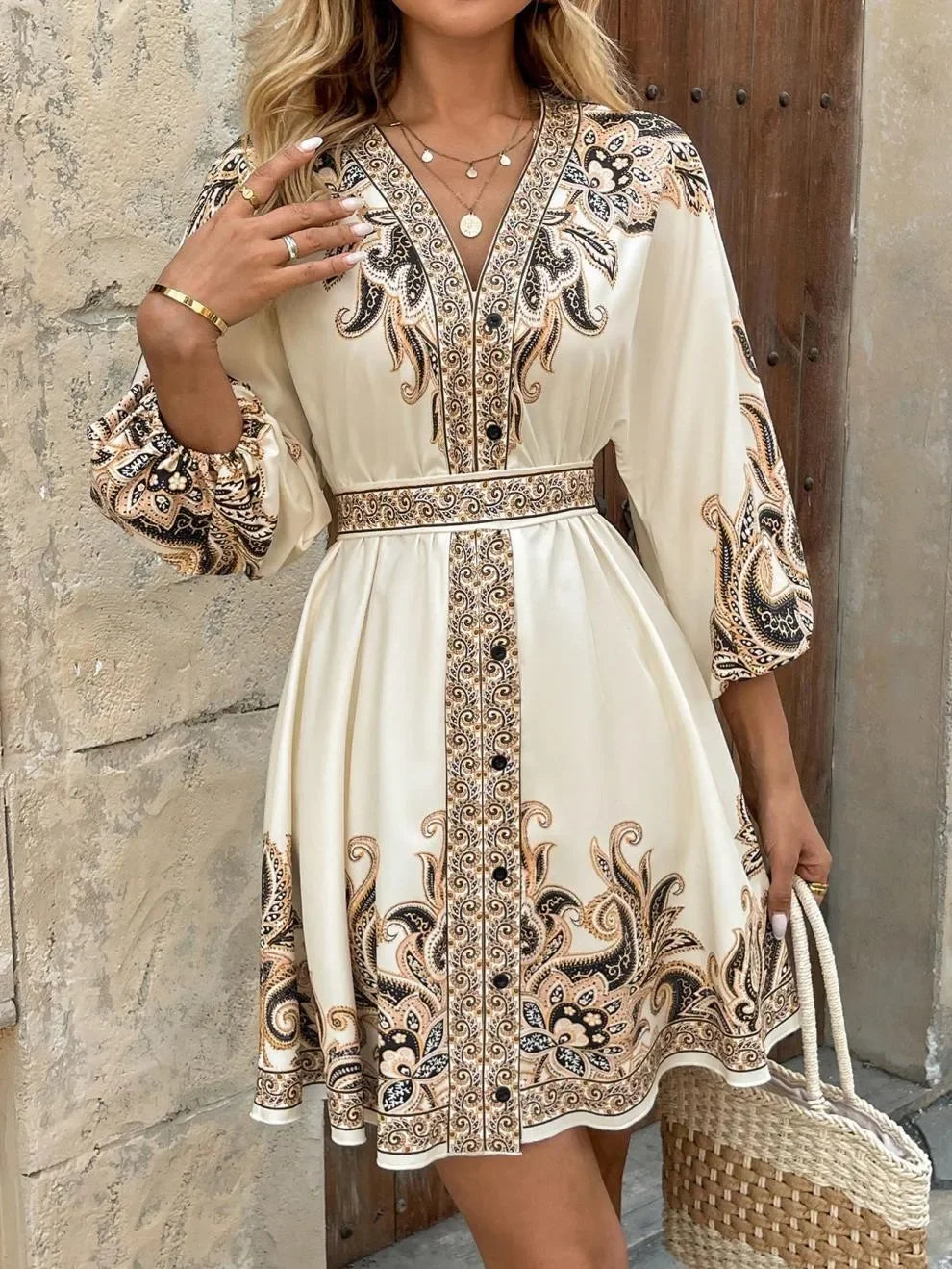 Paisley Print V Neck Mini Dress Tie Belt Three Quarter Sleeve - Southern Shores Clothing