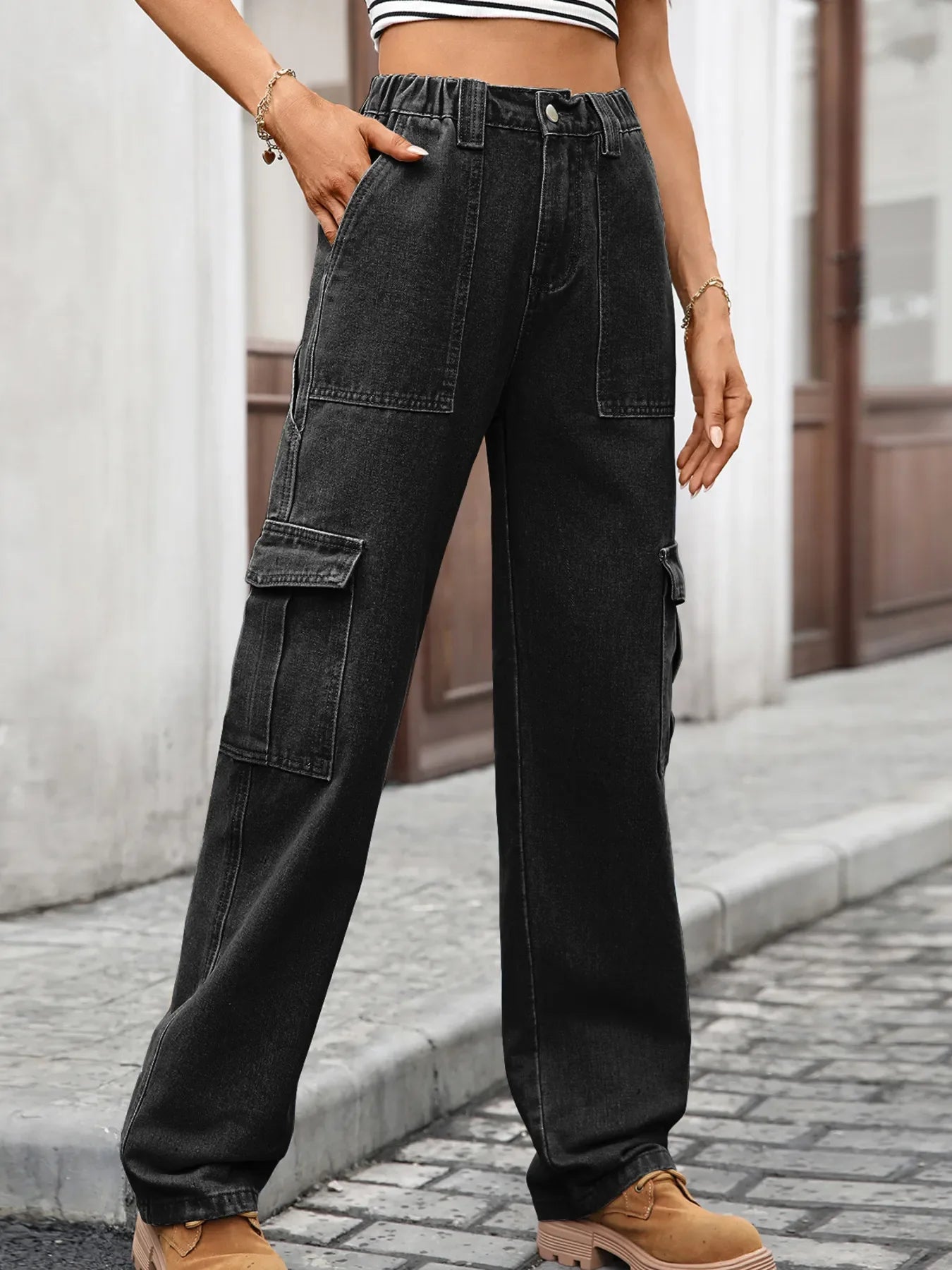 Coastal Inspired High Waisted Cargo Jeans - Southern Shores Clothing