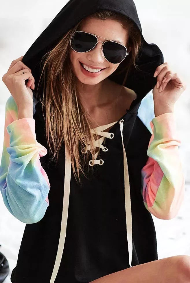 Lace Up Hoodie With Tie Dye Sleeves Relaxed Fit - Southern Shores Clothing