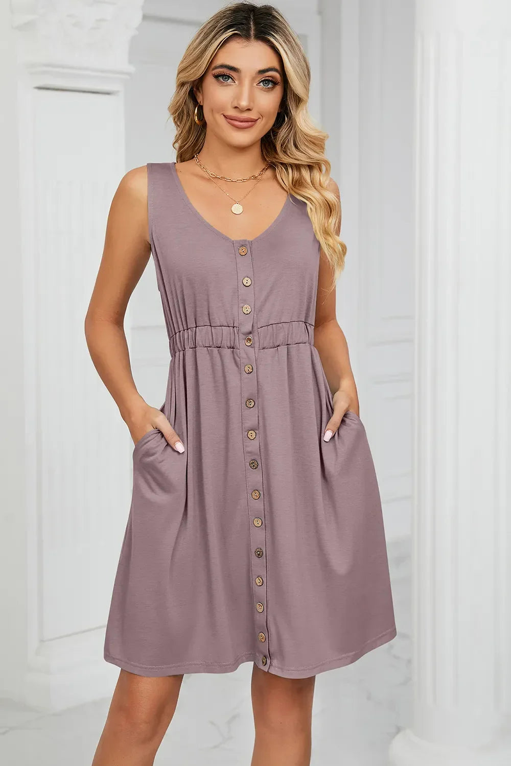 Buttoned Wide Strap Mini Dress - Southern Shores Clothing