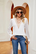 Southern Shores Contrast V Neck Long Sleeve Blouse With Lace Details And Rayon Blend Fabric - Southern Shores Clothing