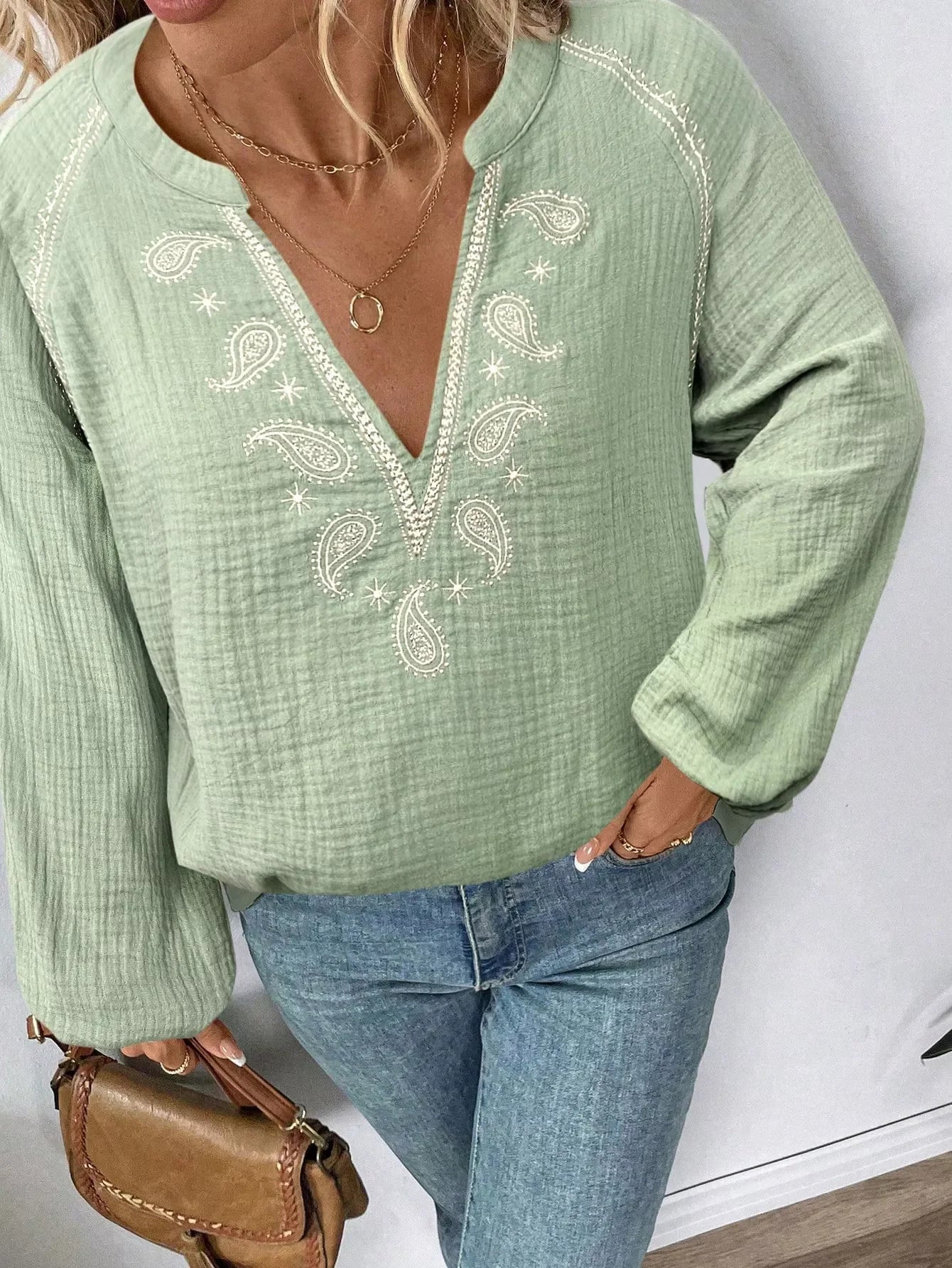 Paisley Notched Balloon Sleeve Cotton Blouse - Southern Shores Clothing