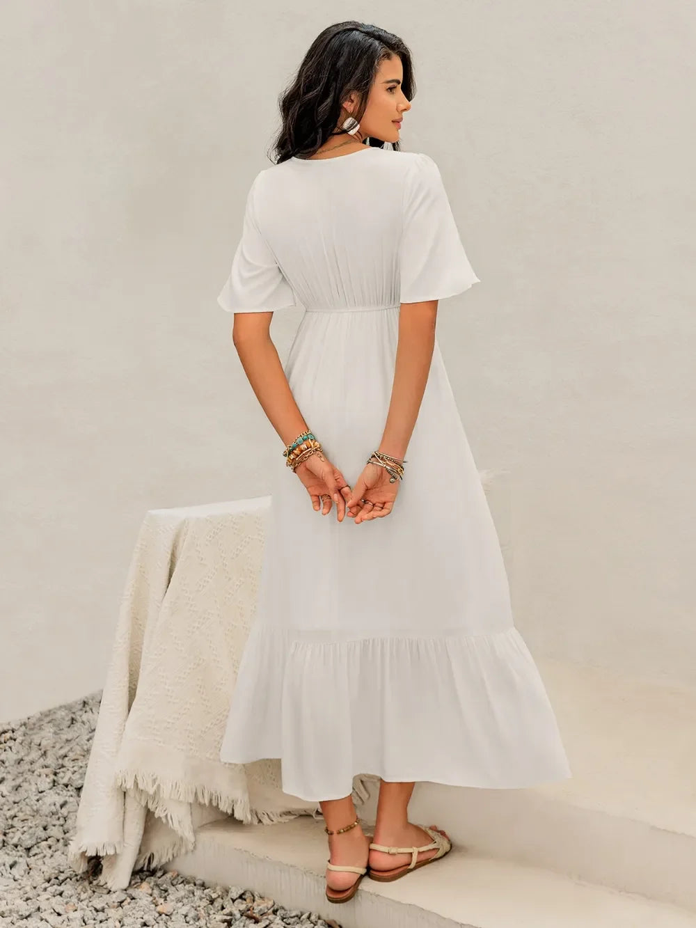 Ruffled Hem V Neck Flutter Sleeve Dress With Embroidered Trim - Southern Shores Clothing