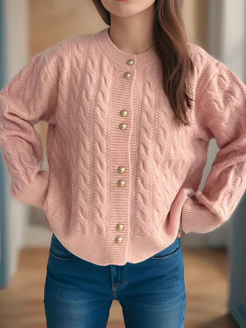 Cable-Knit Round-Neck Long Sleeve Cardigan Buttoned - Southern Shores Clothing