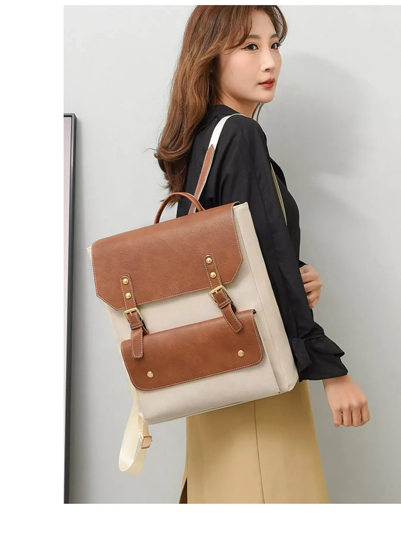 Two Tone Buckle Backpack Bag With Adjustable Straps