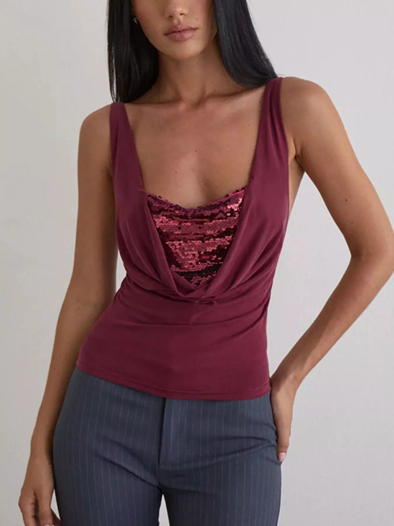 Sequin Detail Ruched Tank Top With Draped Front Stretchy Knit - Southern Shores Clothing