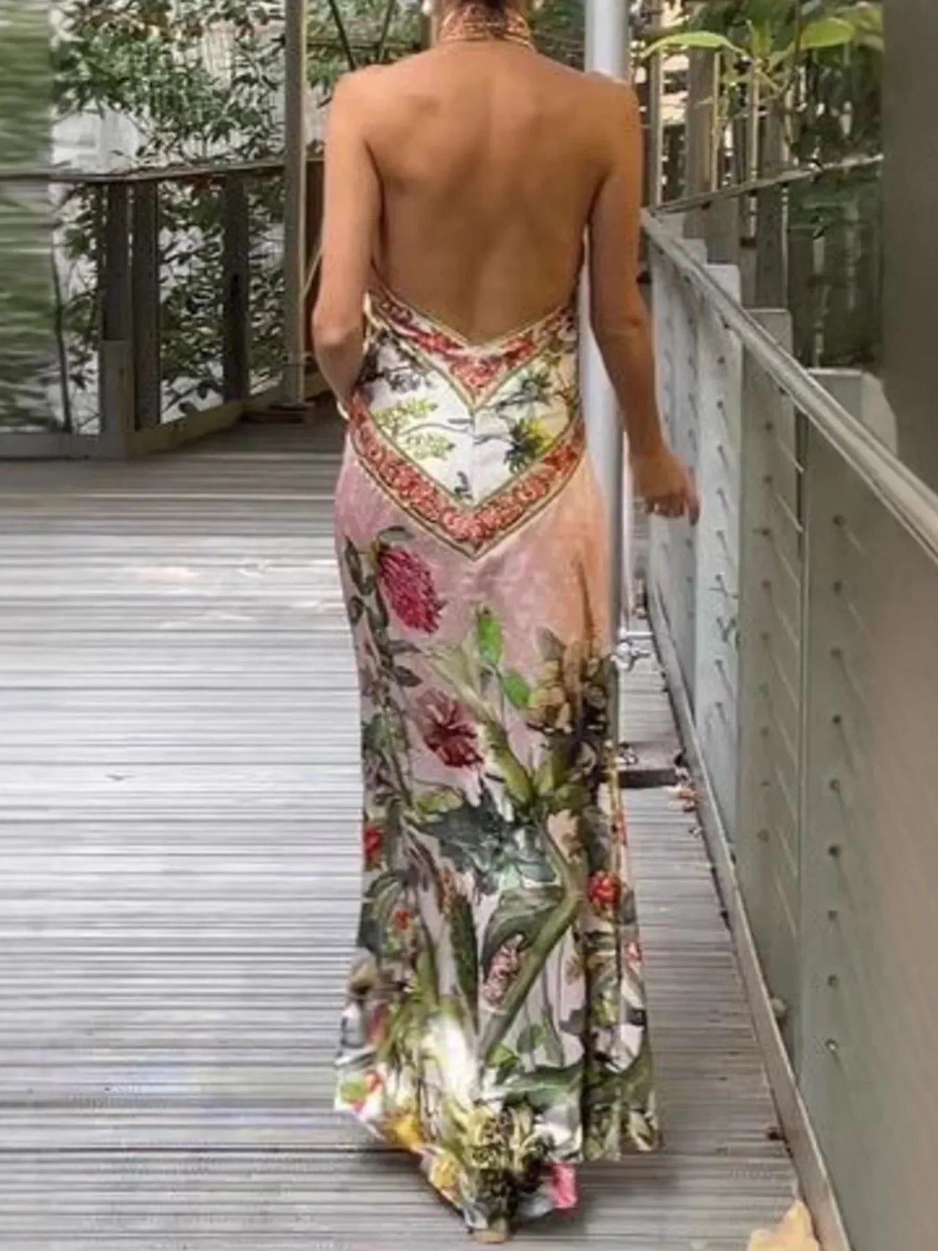 Printed Halter Neckline Backless Maxi Seagrass Dress - Southern Shores Clothing